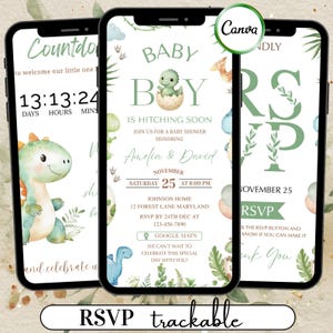 Puede incluir: Tres pantallas de teléfonos inteligentes que muestran invitaciones a un baby shower. La pantalla central dice "Baby Boy" con una ilustración de dinosaurio. Las invitaciones incluyen detalles del evento, información de RSVP y un temporizador de cuenta regresiva. El diseño presenta colores verdes y beige.