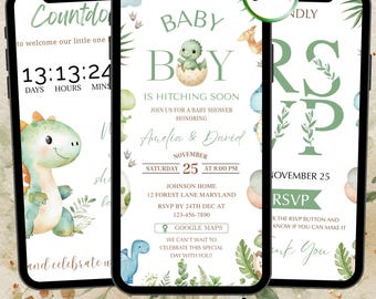 Digital Dinosaur Baby Shower RSVP | Cute Dinosaur Digital Invite | Editable Canva | Clickable RSVP & Countdown | Hatching soon invitation
