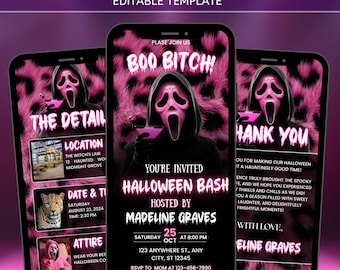 Invito animato di Halloween, invito per la serata Ghouls, stampa leopardata rosa neon, modello Canva modificabile, download digitale