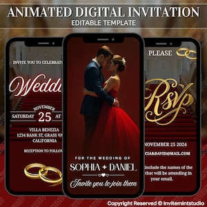 May include: Animated digital wedding invitation template displayed on three smartphones. The design features a couple embracing, gold rings, and elegant typography. The invitation includes details like the date, RSVP information, and the names of the couple.
