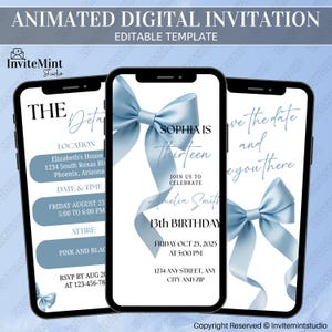 Op de afbeelding: Drie smartphones met een digitale uitnodiging voor een 13e verjaardag. De uitnodiging toont een lichtblauwe strik, de naam "Sophia" en evenementdetails. De tekst "Animated Digital Invitation" staat bovenaan.