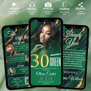 May include: Three smartphones displaying a digital invitation for a birthday party. The central phone features a woman's portrait and the text "30 Shades of Green." The other phones show event details and a thank you message. The design includes gold accents.