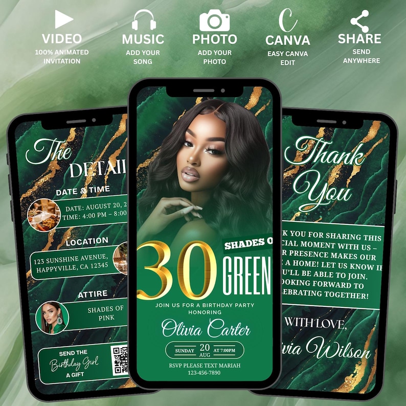 May include: Three smartphones displaying a digital invitation for a birthday party. The central phone features a woman's portrait and the text "30 Shades of Green." The other phones show event details and a thank you message. The design includes gold accents.