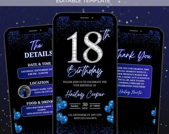 Digital 18th Birthday Dinner Party Invitation, Canva Template, Blue black silver Theme, Modern Video Invite, Canva Design, Instant Download