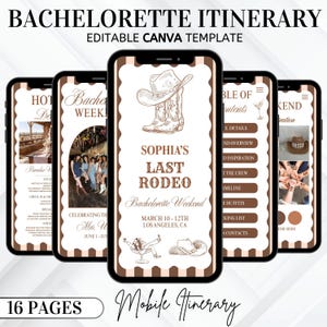 May include: A mobile itinerary template for a bachelorette weekend, featuring a cowboy boot and hat illustration. The text reads "Sophia's Last Rodeo" and "Bachelorette Weekend" with the dates and location. The template includes 16 pages.