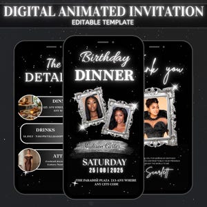 Digital Birthday Dinner Party Invitation, Canva Template, Animated Black Birthday Invitation, Birthday Party, Party Birthday Girl Invite
