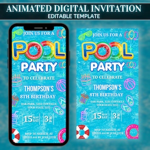 Op de afbeelding: Geanimeerde digitale uitnodiging voor een zwembadfeest. Het ontwerp bevat de woorden "POOL PARTY" in grote, kleurrijke letters, samen met afbeeldingen van een taart, ballonnen en een strandbal. De uitnodiging is voor Thompsons 8e verjaardag.
