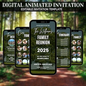 May include: Five smartphones displaying a digital animated invitation template for a family reunion in Miami, Florida, in 2025. The invitation features a tree graphic, the date, RSVP details, and an itinerary. The template is editable.