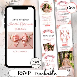 May include: A digital invitation for a Quinceañera, featuring a pink and gold color scheme. The invitation includes details like the date, RSVP information, and a countdown timer. The design is elegant and floral.
