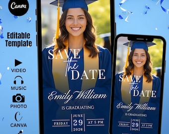 Digital Blue Graduation Invitation, Animated Save The Date Canva Template with Photo, Class of 2026 Editable MP4 Evite, Customizable Design