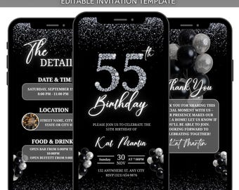 Birthday 55th Party Animated Invitation, 55th birthday Invitation Editable Template, DIY Template Design, Party Celebration Digital E-invite