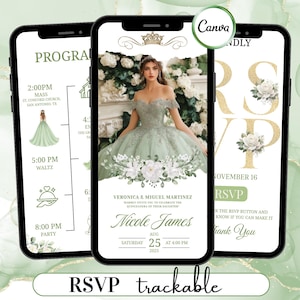 Puede incluir: Tres teléfonos inteligentes muestran una invitación de quinceañera. El teléfono central muestra a una mujer con un vestido verde. La invitación incluye detalles del evento, información de RSVP y el texto "Nicole James". El logotipo de Canva es visible.