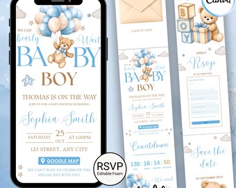 RSVP-Website für die Babyparty (Junge), Einladung mit blauem Teddybär-Ballon, bearbeitbare Canva-Vorlage, digitale Online-Einladung, anklickbare und nachverfolgbare RSVP-Funktion