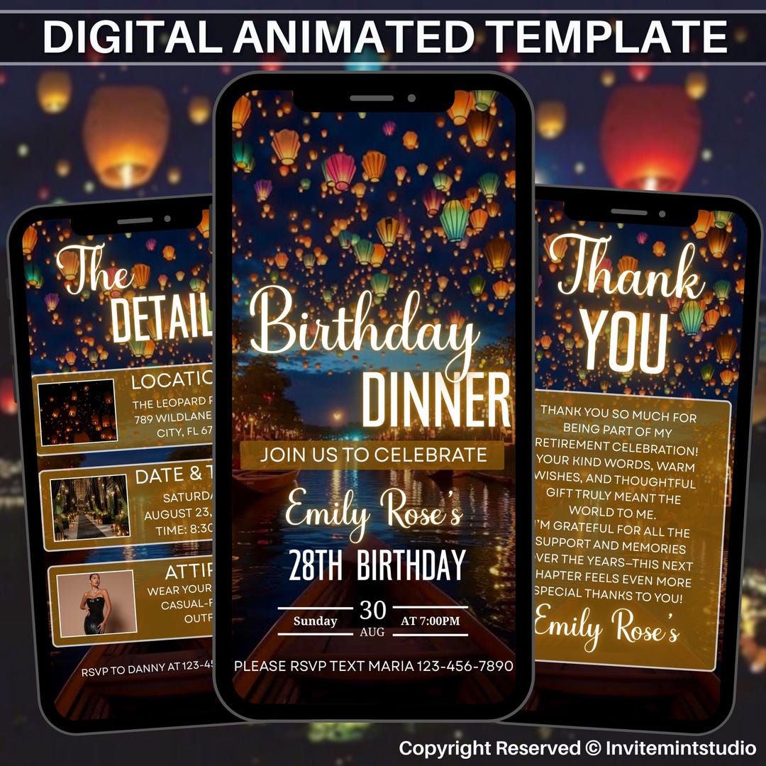 Invite Theme Animated Dinner Birthday Video Invitation, Sky Colorful Lantern Theme ...