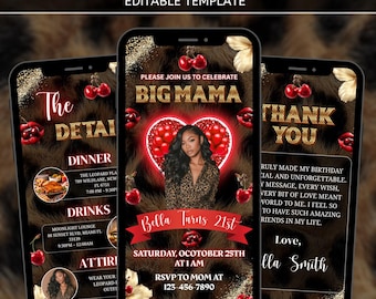 Big Mama Cheetah Print Cherry Girls Night Birthday Invite, Editable Cheetah Print Birthday Evite, Dinner & Drinks Glam Party, PDF Download