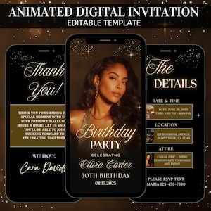 May include: Animated digital invitation template on a black background with gold accents. The invitation features a photo of a woman and text that reads "Birthday Party" and "30th Birthday". Additional details include date, time, location, and RSVP information.