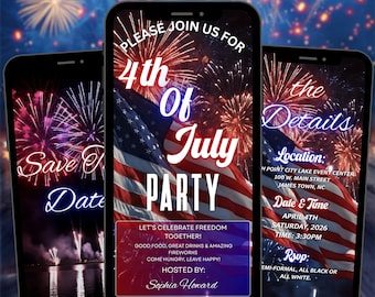 May include: Digital animated template for a 4th of July party invitation. The design features fireworks, an American flag, and event details on three smartphone screens. Text includes "Save the Date," "4th of July Party," and RSVP information.