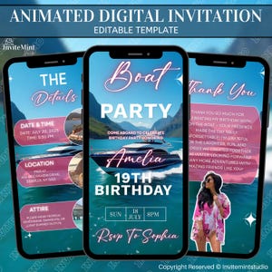 Puede incluir: Plantilla de invitación digital animada en la pantalla de un teléfono inteligente. La invitación es para una fiesta en barco, con detalles como fecha, hora, lugar y vestimenta. El diseño presenta un gráfico de barco y el texto "Boat Party".