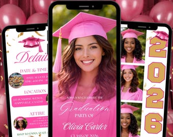 Pink Graduation Invitation, Class of 2026 Digital Cap Photo, Graduation Party Canva Invite, Premade Ceremony Event Announcement Template