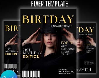 Plantilla editable de portada de revista para cena de cumpleaños, plantilla de revista Canva, regalo personalizado, plantilla de fiesta de Cover Girl, revista fotográfica