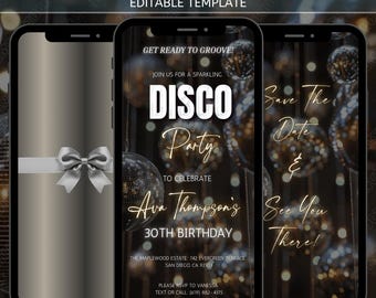 Disco Party Video Invitation, 30th birthday Editable Evite, Digital Dance Party Invite, Retro Celebration Animated Digital Download