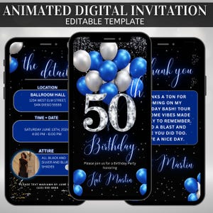 May include: Animated digital invitation template for a 50th birthday party. The design features a black background with blue and silver balloons, and the text "50 Birthday". Includes event details: location, time, date, and attire.