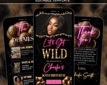 Animated Lets Get Wild Birthday Invitation, Editable Template Video invite, Dinner & Drinks Glam Party Invite, Cheetah Theme Party Invite