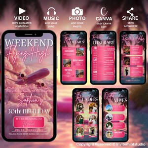 Op de afbeelding: Een digitale uitnodiging voor een weekendje weg, met een roze vliegtuigafbeelding en de tekst "Weekend Flying High". De uitnodiging bevat details voor Sophia's 30e verjaardagsreis naar Mexico, met data en RSVP-informatie.