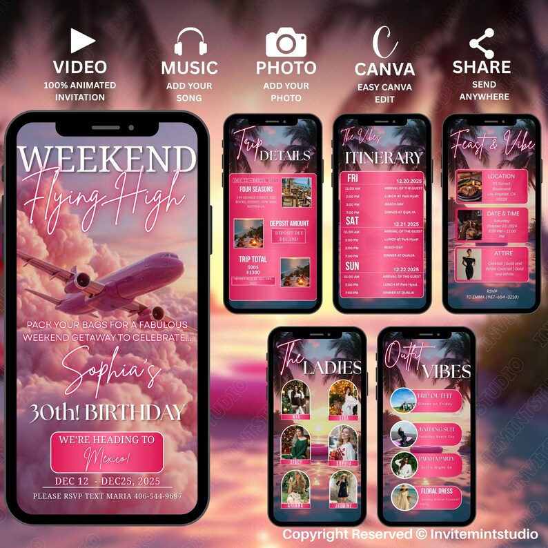 Op de afbeelding: Een digitale uitnodiging voor een weekendje weg, met een roze vliegtuigafbeelding en de tekst "Weekend Flying High". De uitnodiging bevat details voor Sophia's 30e verjaardagsreis naar Mexico, met data en RSVP-informatie.