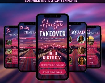 Houston Trip itinerary video Invite, Houston Birthday itinerary, Itinerary Template, Houston Itinerary, Self Editable Planner