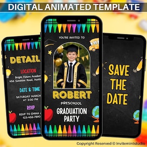 May include: Three smartphones displaying a digital graduation party invitation. The invitation features a photo of a child in a graduation gown, the name "Robert", and the text "Preschool Graduation Party". Additional details include date, time, and RSVP information.