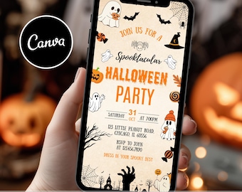 Electronic Kids Halloween Party Invitation, Digital Template, Animated Spooky Ghost Theme Evite, Editable Design, PDF Download