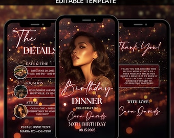 Animated Birthday Dinner Invitation, Video Invitation Editable Template, Self Editable Template, Party Celebration Digital Invite