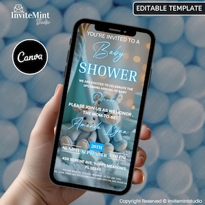May include: A smartphone displays a baby shower invitation with blue text and graphics. The invitation includes the words "Baby Shower," the names "Oliver" and "Amanda Lynn," and event details. The Canva logo is visible.
