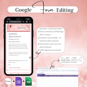 May include: A smartphone displays a quincea&ntilde;era invitation form created with Google Forms. The form includes details like the date, time, and location. Additional elements include a Canva logo, a list icon, and an XLS icon.