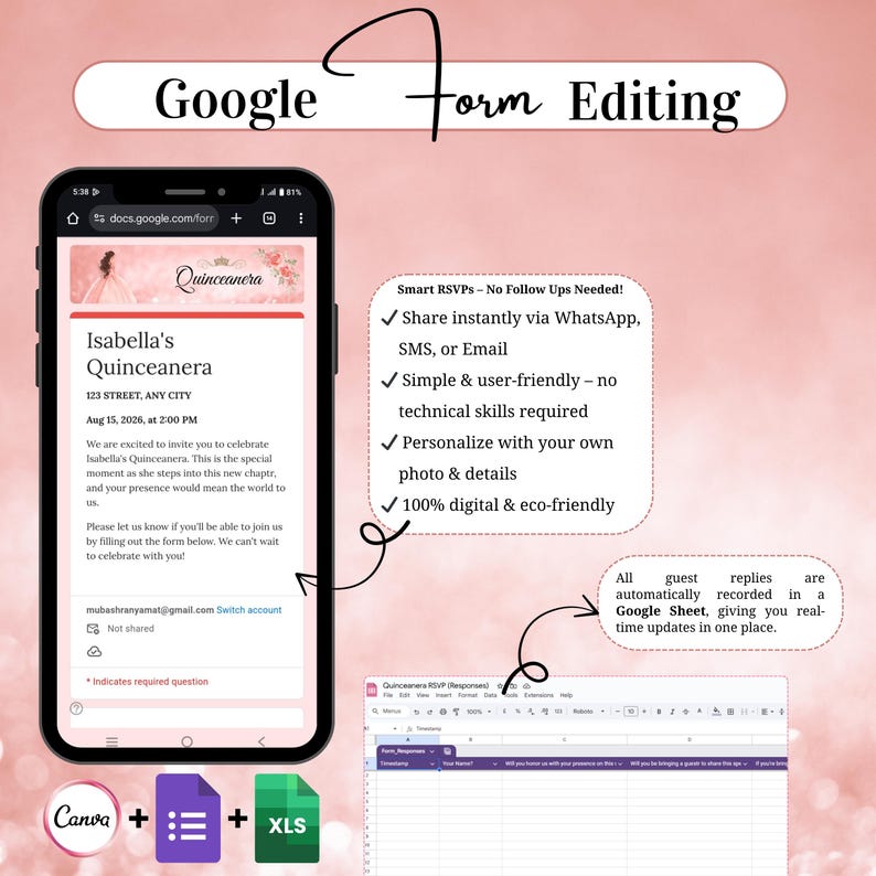 May include: A smartphone displays a quincea&ntilde;era invitation form created with Google Forms. The form includes details like the date, time, and location. Additional elements include a Canva logo, a list icon, and an XLS icon.