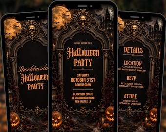 Animierte digitale Halloween-Einladung, gruselige Party-Videoeinladung, bearbeitbare Canva-Vorlage, Halloween-Kostüm-Einladung, Party-Design