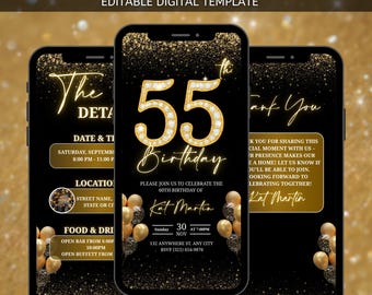 Digital 55th Birthday Party Video Invitation, Canva Editable, Animated Black Gold Diamond Evite, Birthday Party Invite, Woman Birthday party