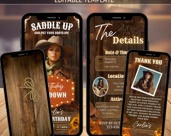 Animated Western Hoedown Bday Party Invitation, Saddle Up and Put Your Boots On Western Animated Bday Party Invitation, Canva Design