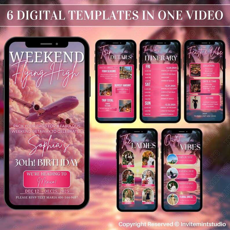 Op de afbeelding: Een digitale templateset voor een weekendje weg voor een verjaardag. Het ontwerp heeft een roze en witte kleurstelling met afbeeldingen van een vliegtuig, reisdetails en evenementinformatie. De tekst bevat "Weekend Flying High" en "30th! Birthday".