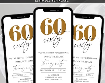 Animated 60th Birthday Party Invitation, Fabulous Electronic Invitation, Animated Gold Black Theme, Canva Design, Digital Download