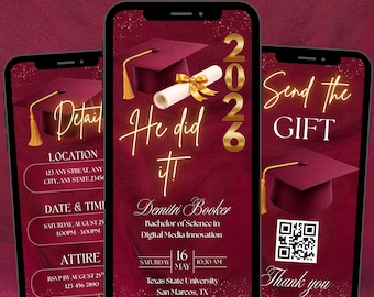 Animated She Did It Graduation Invitation, Burgundy College Party Announcement Invite, Editable Canva Design,Instant Digital Download