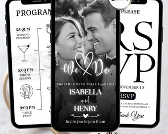 May include: Black and white wedding invitation design displayed on three smartphones. The central phone features a couple with the text "We Do" and the names Isabella and Henry. The other phones show the wedding program and RSVP details.