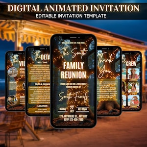 May include: Digital animated invitation template displayed on five smartphones. The central phone screen reads "The Smith Family Reunion" with event details. Other screens show event information and thank you messages. The top text reads "DIGITAL ANIMATED INVITATION".