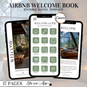 May include: An Airbnb welcome book template displayed on three smartphones. The screens show a welcome guide with icons for check-in, location, rules, Wi-Fi, and more. The text "AIRBNB WELCOME BOOK" and "EDITABLE DIGITAL TEMPLATE" are at the top.