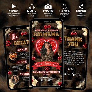 Puede incluir: Tres pantallas de smartphone que muestran una invitaci&oacute;n digital para una fiesta de cumplea&ntilde;os. La invitaci&oacute;n presenta un fondo de estampado de leopardo, detalles dorados y el texto "Big Mama". El dise&ntilde;o incluye cerezas y una foto de una mujer.