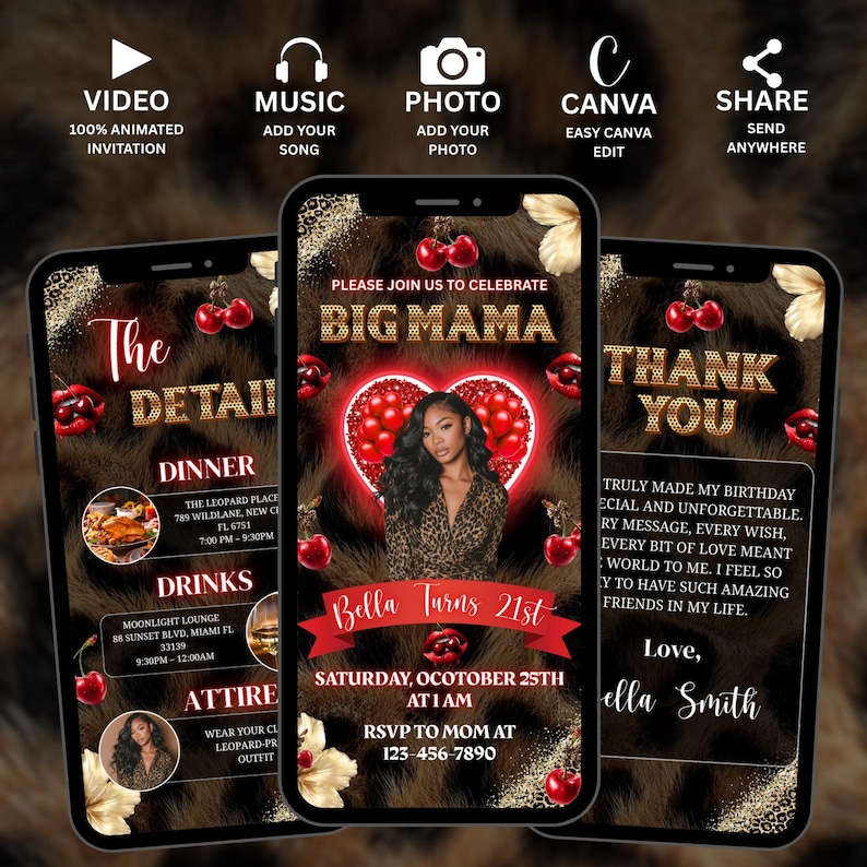 Puede incluir: Tres pantallas de smartphone que muestran una invitaci&oacute;n digital para una fiesta de cumplea&ntilde;os. La invitaci&oacute;n presenta un fondo de estampado de leopardo, detalles dorados y el texto "Big Mama". El dise&ntilde;o incluye cerezas y una foto de una mujer.
