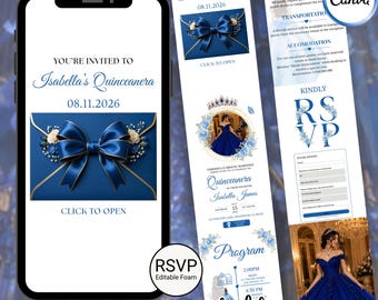 Einladungsvorlage für die Quinceañera-Website, königsblaue Einladung zum 16. Geburtstag, bearbeitbares Canva-Design, Online-RSVP & Countdown, PDF-Download