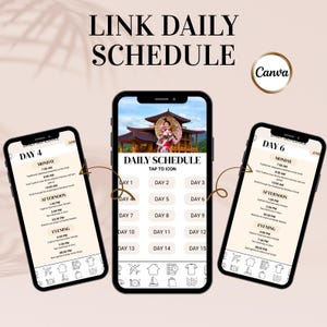 Puede incluir: Tres smartphones que muestran un itinerario de viaje. El tel&eacute;fono central muestra "DAILY SCHEDULE" con una foto de una mujer con vestimenta tradicional japonesa. Los otros tel&eacute;fonos muestran horarios diarios para el d&iacute;a 4 y el d&iacute;a 6.