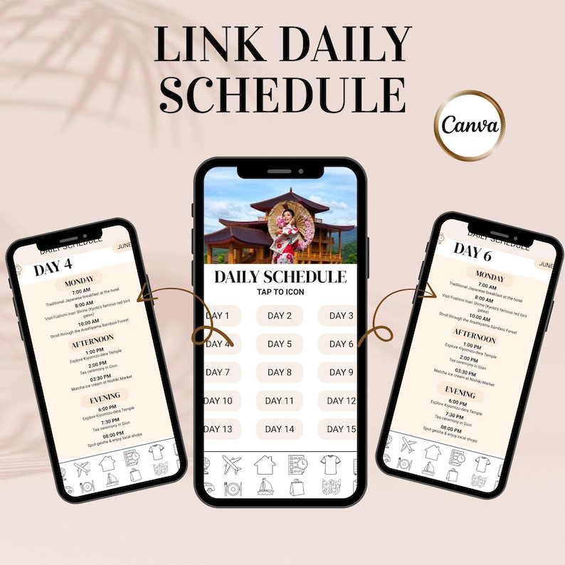 Puede incluir: Tres smartphones que muestran un itinerario de viaje. El tel&eacute;fono central muestra "DAILY SCHEDULE" con una foto de una mujer con vestimenta tradicional japonesa. Los otros tel&eacute;fonos muestran horarios diarios para el d&iacute;a 4 y el d&iacute;a 6.